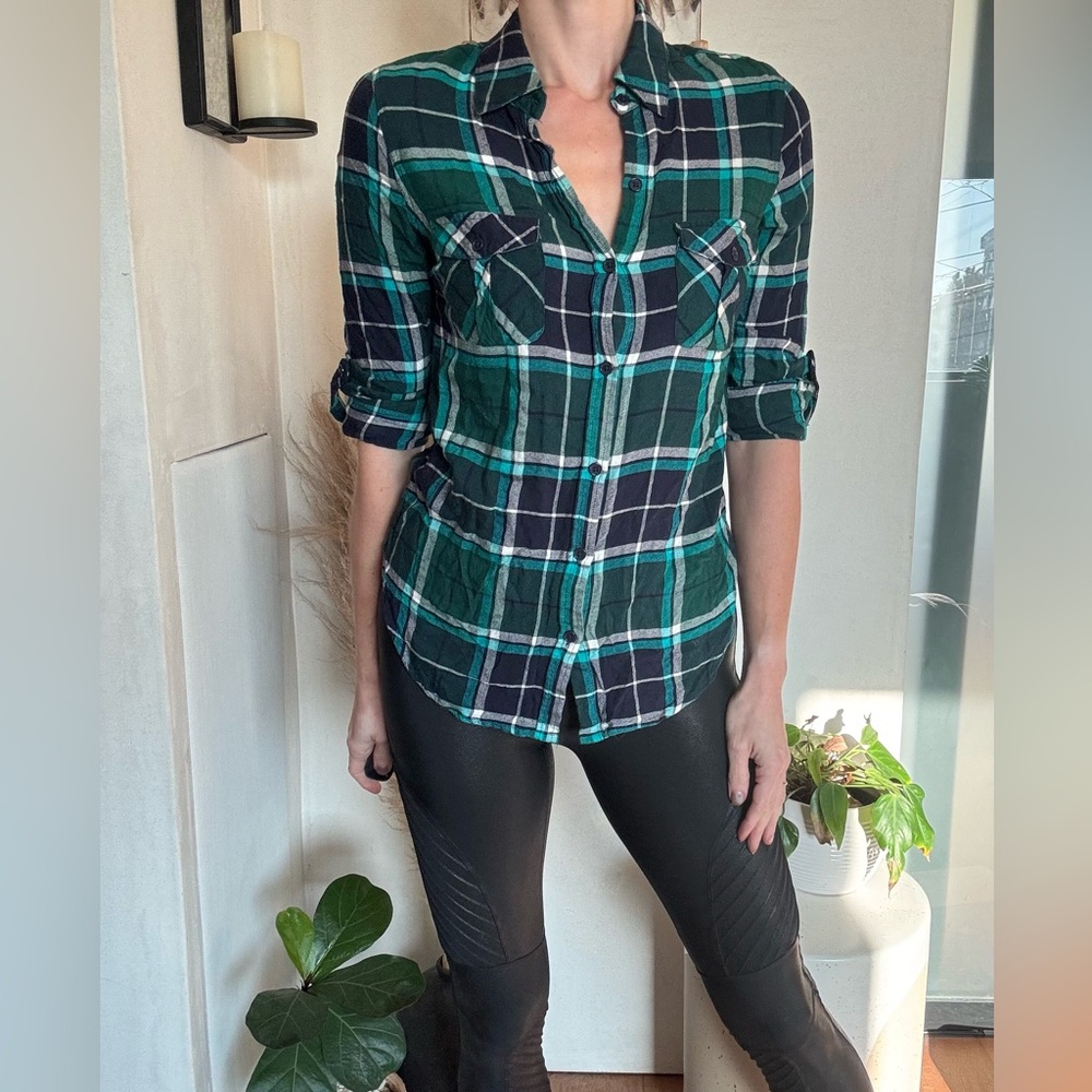 Blue green plaid blouse
